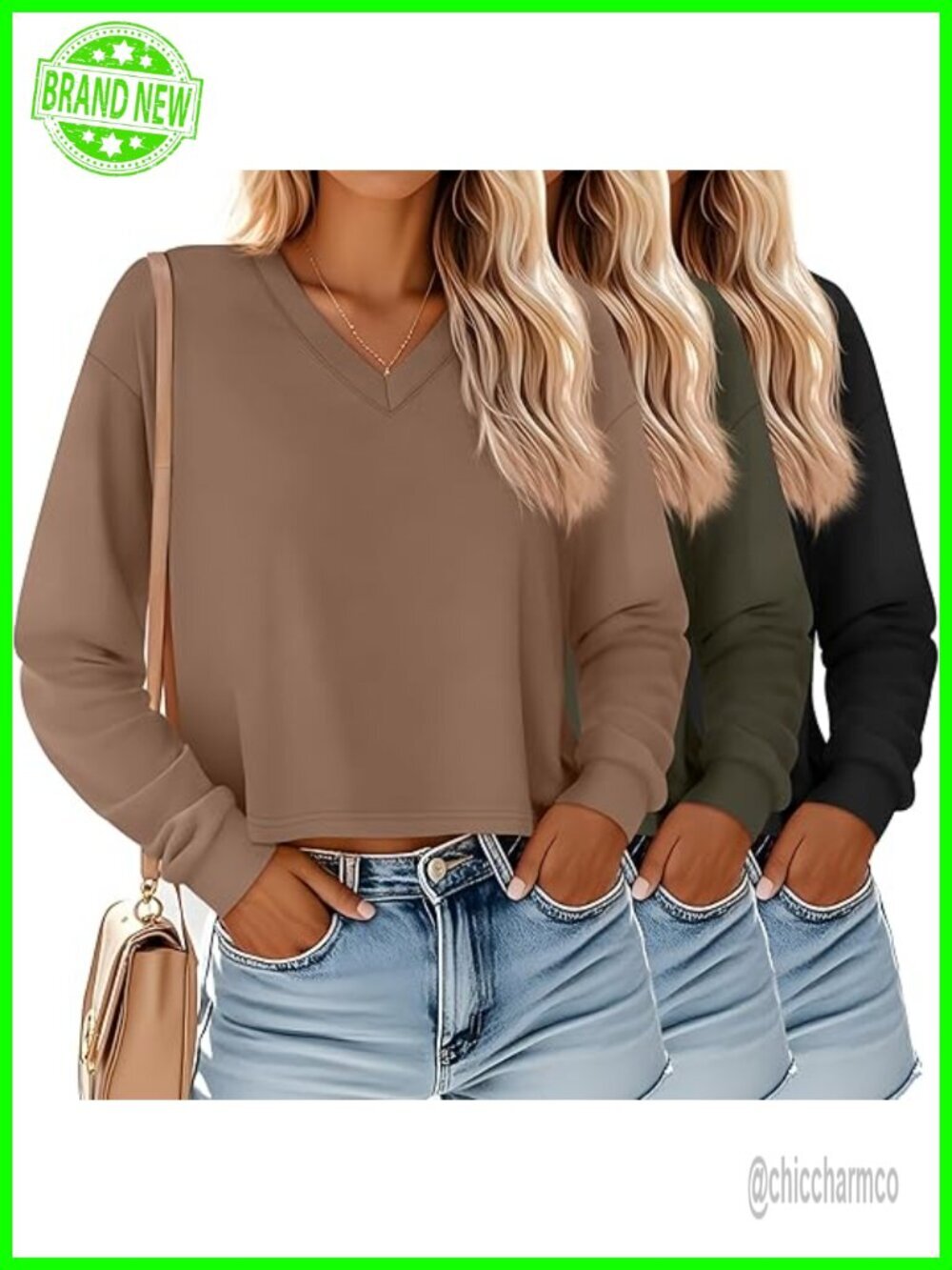 3 Pack Women's Crop Long Sleeve V Neck Tees Loose Fit Boxy Tops